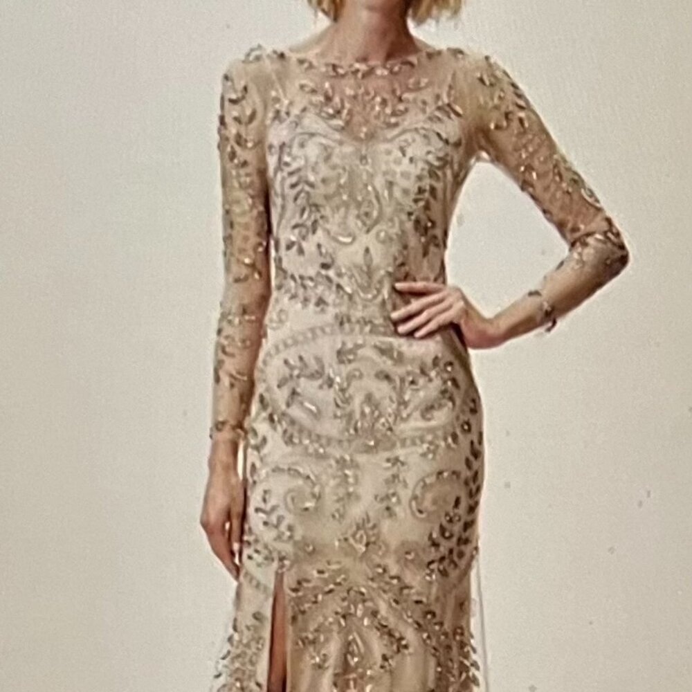 BHLDN Anthropologie full length Gold Sequin dress Size 8